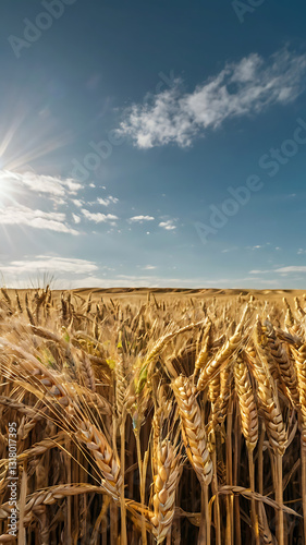 A sun-drenched wheat field swaying gently in the breeze under a clear blue sky.

