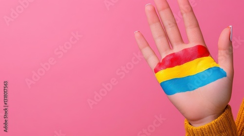 Hand with Colorful Painted Flag on Pink Background for Creative Use