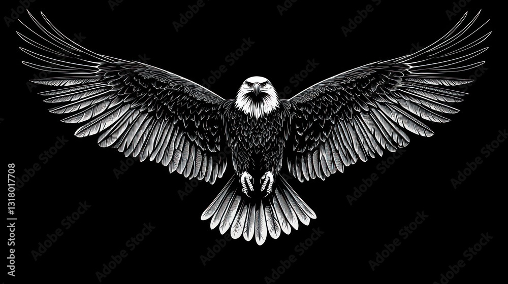 Naklejka premium Majestic bald eagle in flight, dark background, wildlife, nature