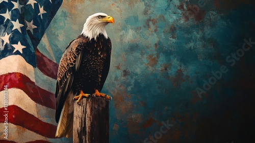 Bald eagle perched on post, American flag backdrop. Patriotic display