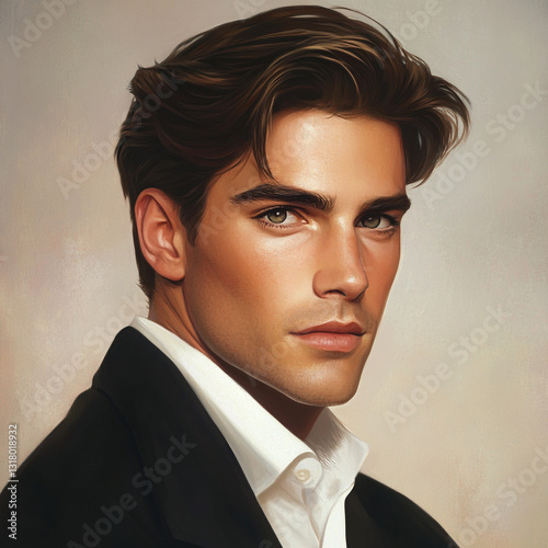 Portrait of a handsome man with intense gaze wearing a dark coat in a painterly digital artwork