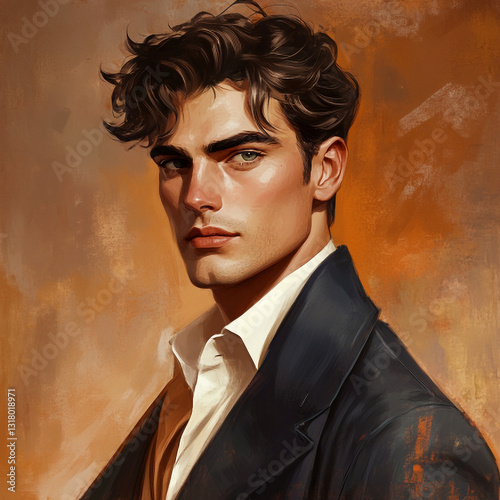Portrait of a handsome man with intense gaze wearing a dark coat in a painterly digital artwork