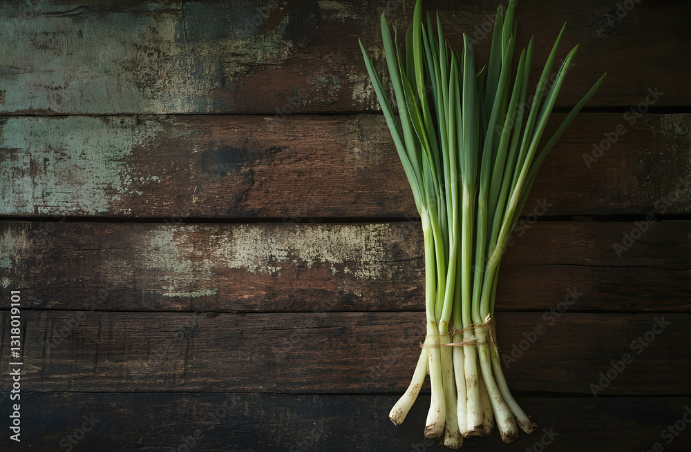 Fresh Green Scallions Bunch on Rustic Wooden Table with Natural Textures and Warm Lighting Creating an Inviting Kitchen Atmosphere Fresh Green Scallions Bunch on Rustic Wooden Table with Natural Textures and Warm Lighting Creating an Inviting Kitchen Atmosphere