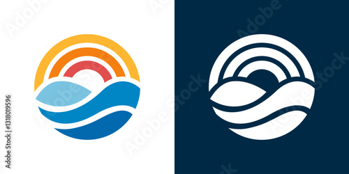 Sun logo with sea wave vector design