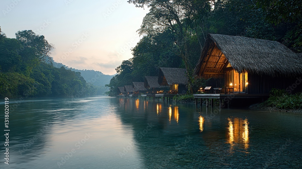 Fototapeta premium Tranquil Riverfront Cottages Surrounded by Lush Green Nature
