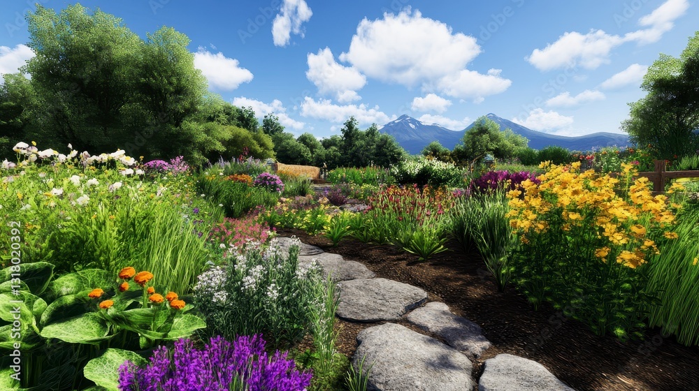 Naklejka premium Vibrant Summer Garden with Walking Path and Scenic Mountains