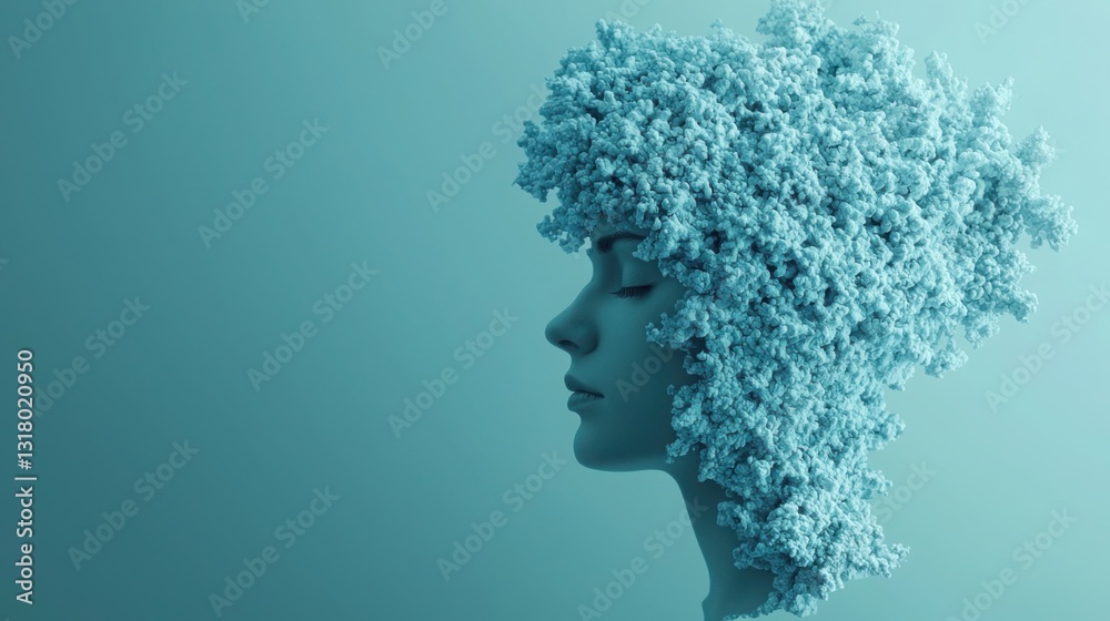 Woman's head adorned with flowers illustrating mindful awareness and connection to nature and inner peace Woman's head adorned with flowers illustrating mindful awareness and connection to nature and inner peace