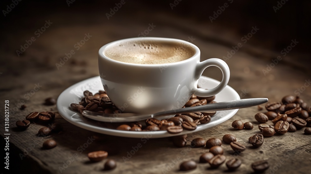 Espresso Coffee Cup for Wooden Table, Beans. Espresso Coffee Cup for Wooden Table, Beans.