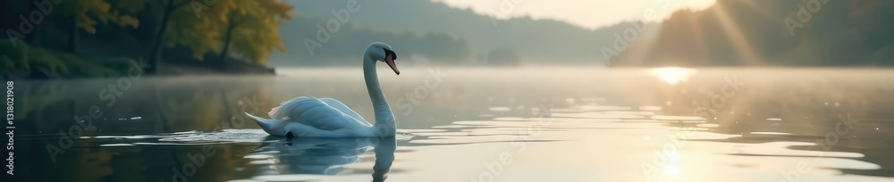 Fototapeta premium Immobile swan, perfect lake reflection, blurred horizon , nature, twilight, soft