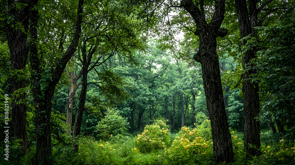 Lush Green Forest Canopy With Dappled Sunlight And Yellow Flowers On A Misty Day Lush Green Forest Canopy With Dappled Sunlight And Yellow Flowers On A Misty Day