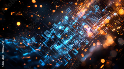 Wallpaper Mural Abstract Futuristic Blue And Orange Digital Network Technology Background With Sparkles And Glow Torontodigital.ca