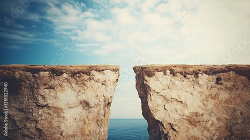 Wide Gap Between Two Cliffs Overlooking Ocean Under Blue Sky