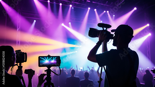 Silhouette of videographer capturing vibrant concert scene with professional camera, colorful stage lights creating dreamy atmosphere in background.
