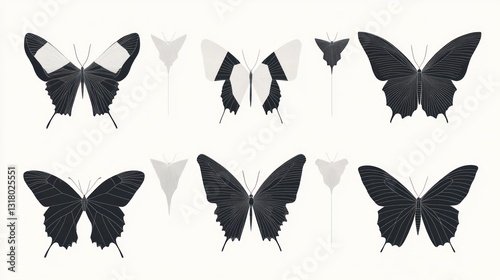 Black and white butterfly collection, isolated on white, for design