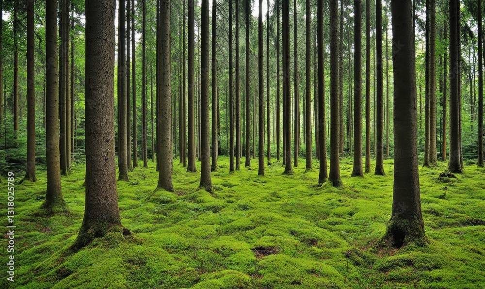 Fototapeta premium Lush green moss covered forest floor among tall trees