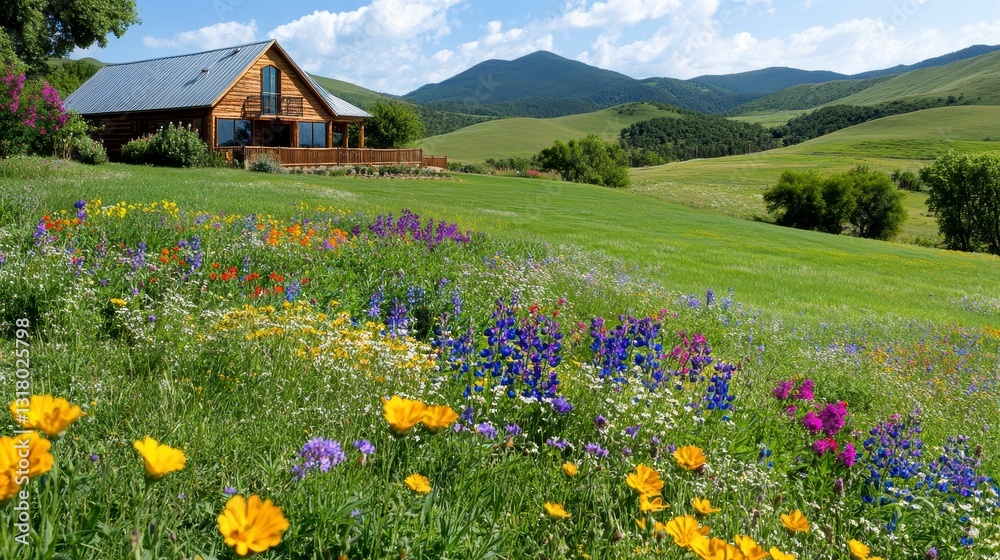 Obraz premium Vibrant Flower Meadow with Cozy House and Majestic Mountains