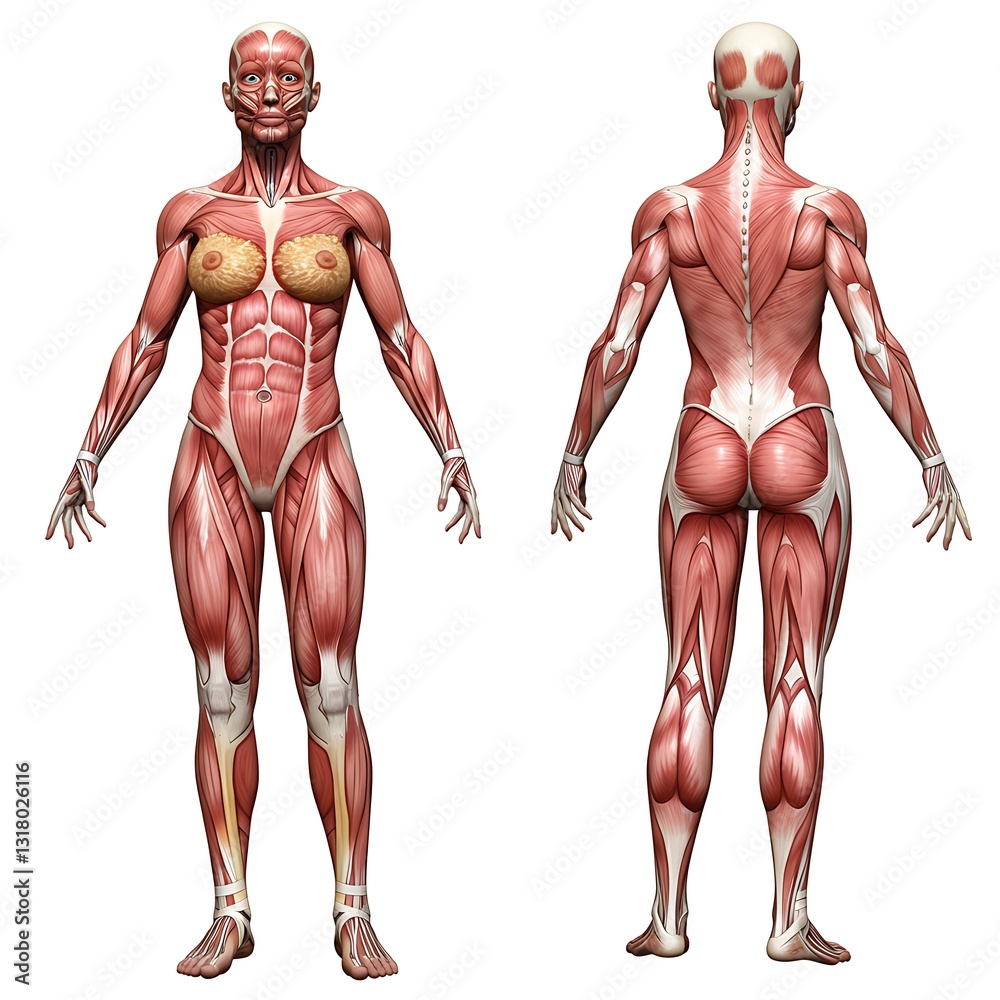 Female Muscular Anatomy: Detailed Front and Back Views, Realistic Artistic Render Female Muscular Anatomy: Detailed Front and Back Views, Realistic Artistic Render