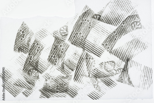 abstract shapes (stripes or lines) impressions partly overlapping on tissue paper