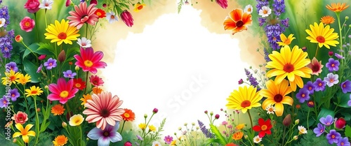 Wallpaper Mural Round watercolor frame overflowing with vibrant meadow flowers, lush green foliage, plants, wedding Torontodigital.ca