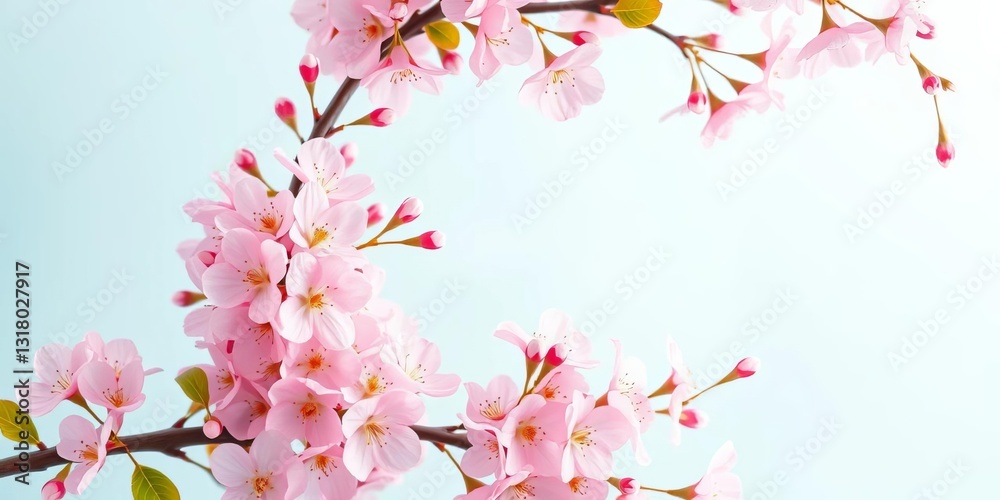 Fototapeta premium Pastel pink cherry blossoms frame, soft spring floral border for Easter, Mother's Day, birthday greetings, greeting card, cherry blossom