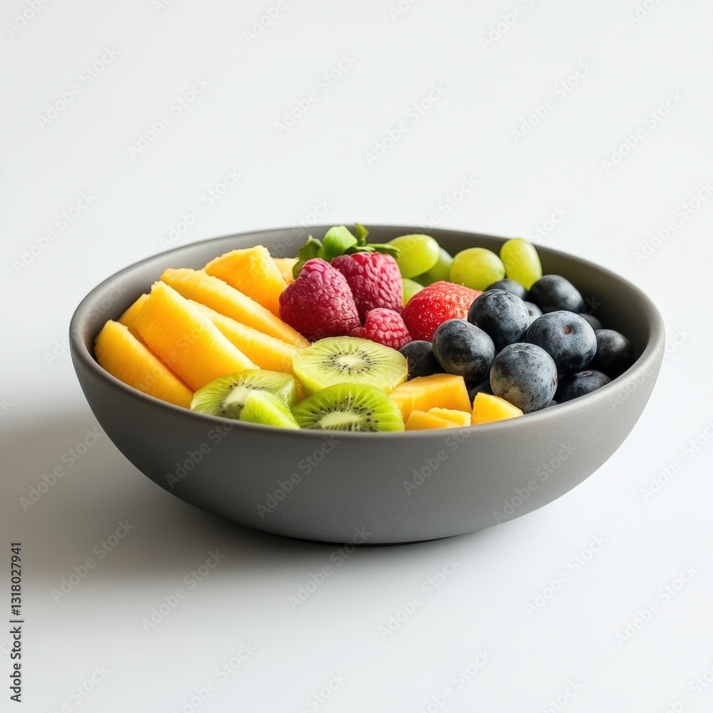 A colorful bowl of fresh fruit salad with sweet strawberries, kiwi, and orange A colorful bowl of fresh fruit salad with sweet strawberries, kiwi, and orange