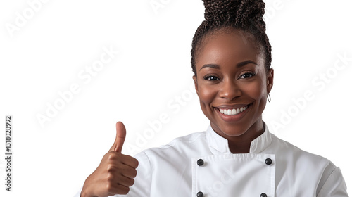 Fototapeta Naklejka Na Ścianę i Meble -  Portrait of a smiling african american female chef showing thumbs up, isolated on transparent background.