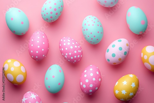Colorful Easter eggs in pattern on pink background for 3D rendering design concept