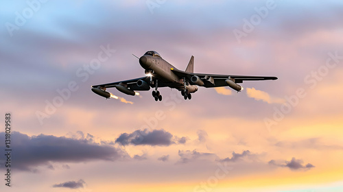 A Grey Military Jet Airplane Landing Against A Colorful Sunset Sky With Clouds