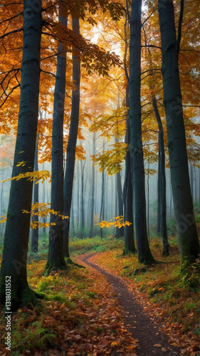 Wallpaper Mural Serene Forest Pathway and River in Autumn with Golden Foliage and Sunlight Beams Torontodigital.ca