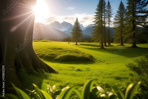 sunrise over green land and trees