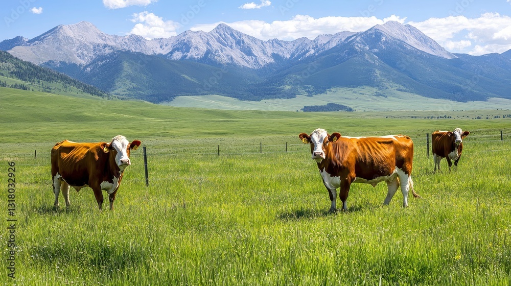 Fototapeta premium Cows in a Scenic Pasture Against Majestic Mountain Landscape