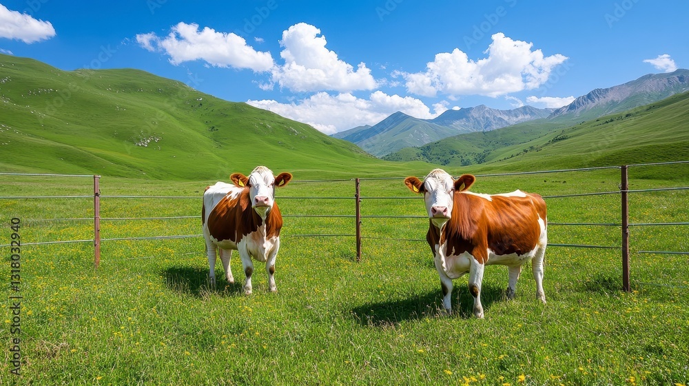 Cows Grazing in a Lush Green Meadow Under Blue Sky and Clouds Cows Grazing in a Lush Green Meadow Under Blue Sky and Clouds