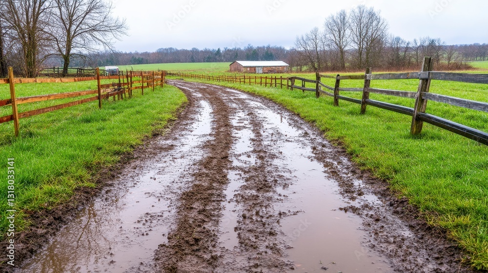 Tranquil Country Road with Muddy Puddles and Scenic Fencing Tranquil Country Road with Muddy Puddles and Scenic Fencing