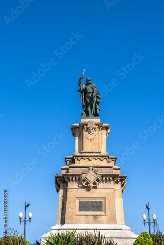 View of the monument statue of Roger De Lauria located at the end of Rambla Nova next to viewpoint Mediterranean Balcony in downtown of Tarragona, Catalonia, Spain