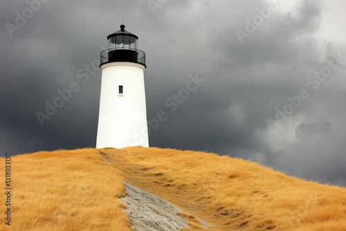 White lighthouse standing on a golden grassy hill under a dramatic stormy sky, a striking contrast between light and dark in a coastal landscape