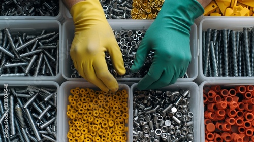 Hands in Gloves Sorting Various Mechanical Hardware Components