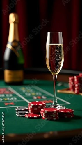 Casino chips on the table and a glass of champagne and bottle