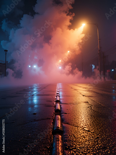 Wet asphalt reflection of neon lights a searchlight smoke
