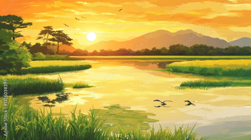 Naklejka premium Golden Sunset Over River Valley