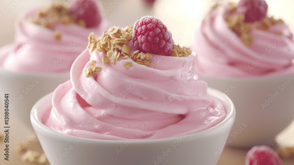 Pink frozen yogurt with raspberries and granola Pink frozen yogurt with raspberries and granola