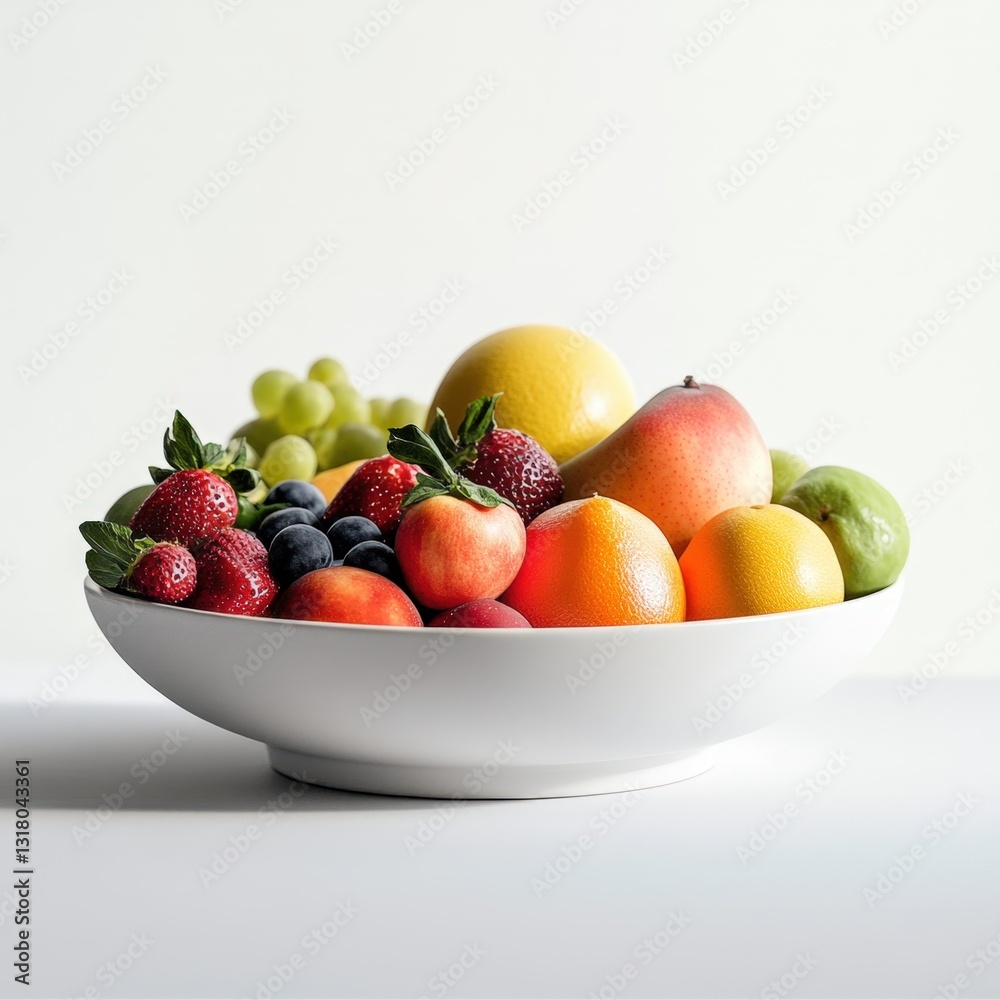 A white bowl filled with ripe, juicy fruits including red apples, green grapes, and yellow citrus A white bowl filled with ripe, juicy fruits including red apples, green grapes, and yellow citrus