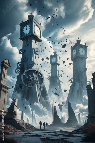 A dystopian world where time is unraveling, with floating frozen clock towers, fragmented history in the sky, and past and future selves merging. 