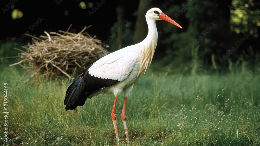 Fototapeta premium Elegant stork standing majestically in lush grassy meadow landscape