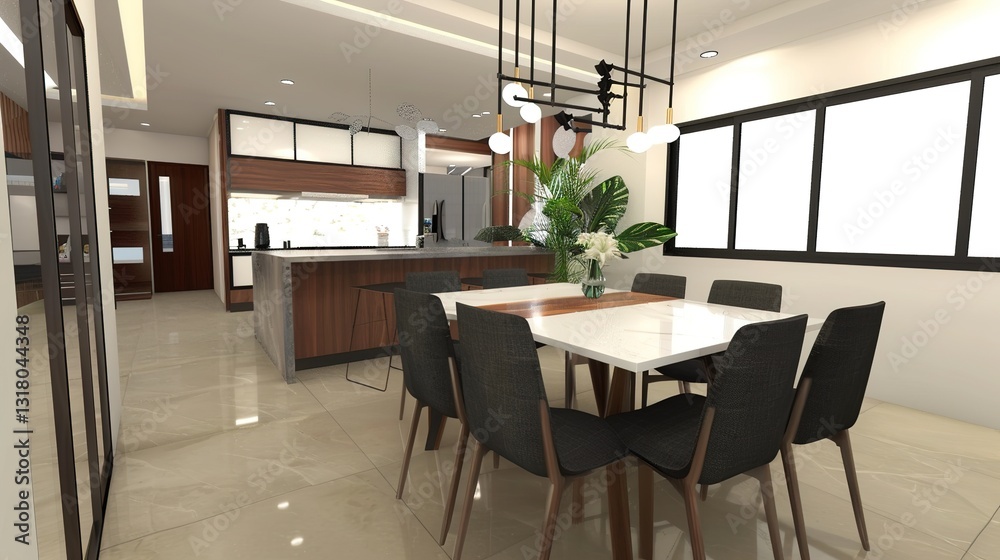 A modern and stylish dining area seamlessly integrated with a minimalist kitchen design, showcasing a contemporary aesthetic. This scene is a 3D rendering that highlights the clean lines and simple 