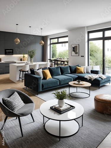 Spacious living room with kitchen