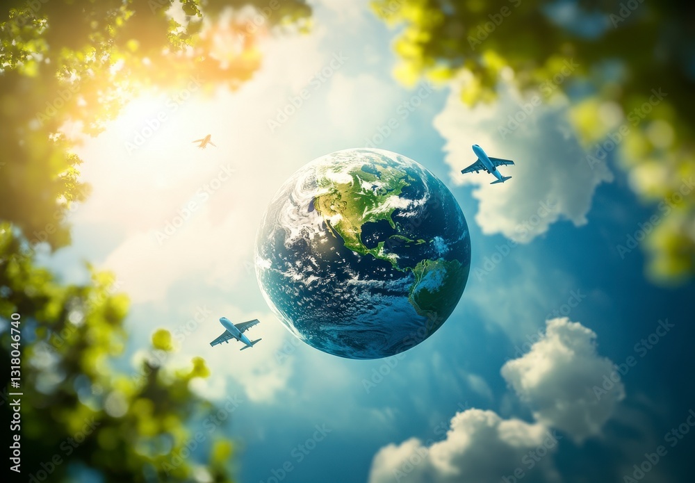 Naklejka premium Pixelated Earth and Airplanes in Sunny Sky