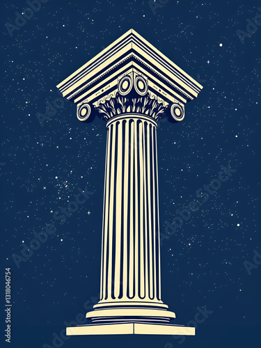 Vector illustration of a Doric column with a detailed capital and entablature against a starry night background.