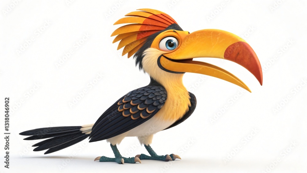Cheerful Cartoon Hornbill Bird Character 3D Render Tropical Wildlife Animation