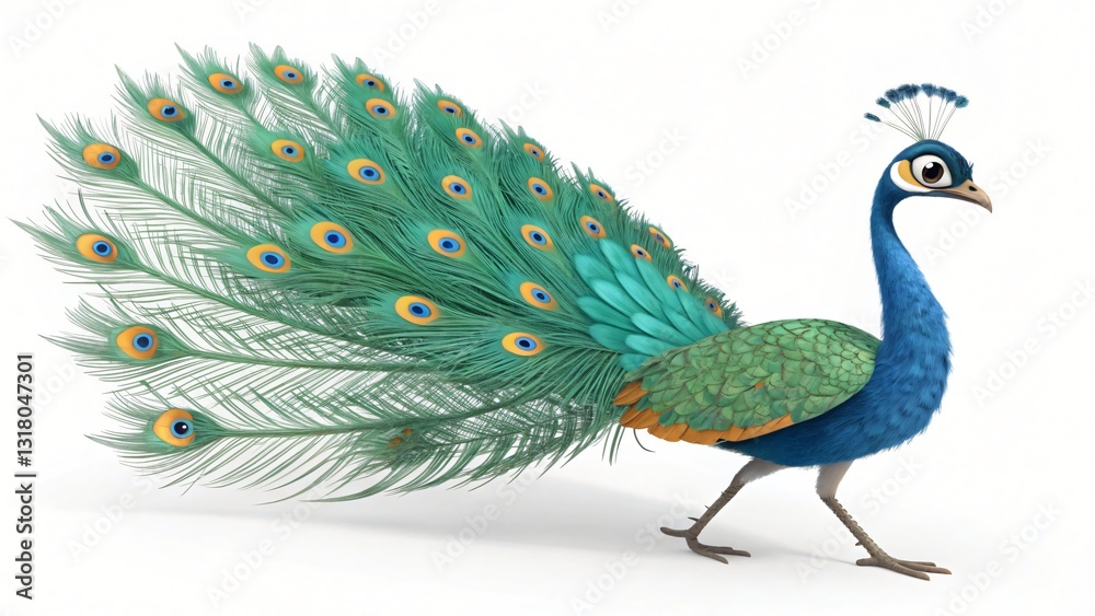 Fototapeta premium Vibrant Cartoon Peacock with Full Tail Feathers Display 3D Rendered Illustration
