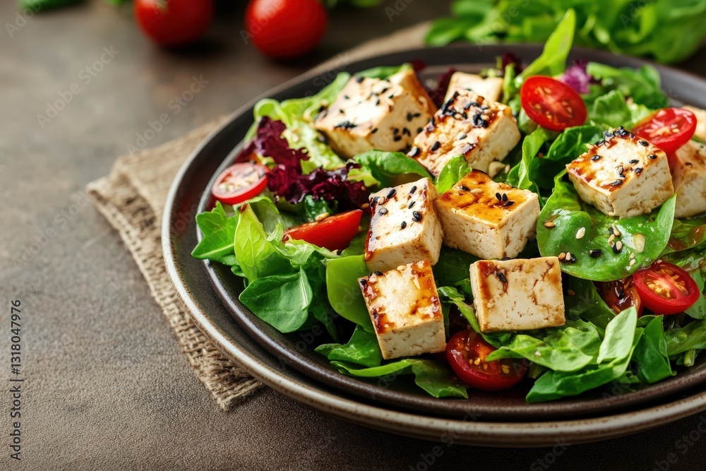 A delicious looking salad with tofu and tomatoes on a plate A delicious looking salad with tofu and tomatoes on a plate